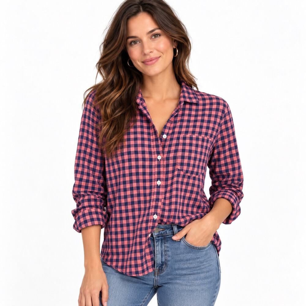 J. crew Cotton Pink And Navy Gingham Button up top women L